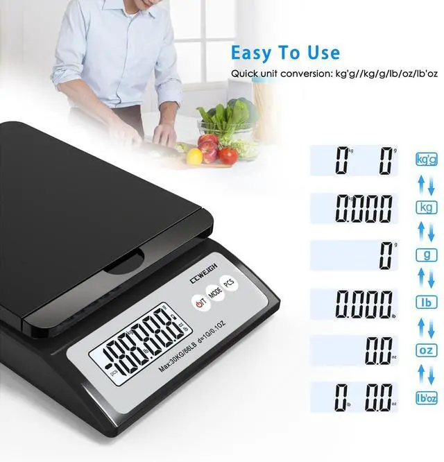 Alt view image 6 of 7 - Digital Postal Scale 30kg/66lb - Shipping Scale with Removable Top Cover for Odd-Shaped Items (Envelopes, Spheres, etc.) 6 Units Conversion, AC Adapter Included, Tare Function, LCD Display