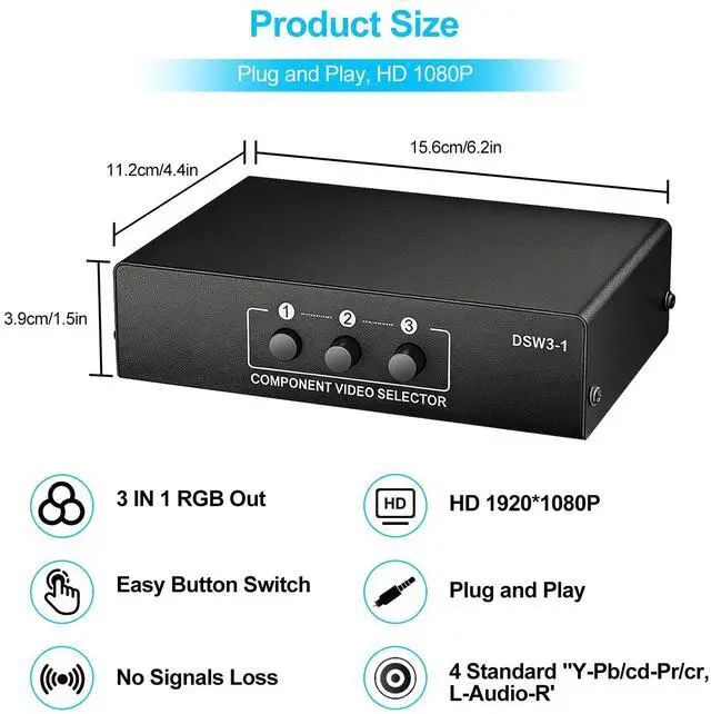 Alt view image 4 of 7 - 3 in 1 Out Component AV Video Switch Box 1080P, 3 Way Composite 3 RCA AV Splitter RGB Selector Video Audio Switch Converter, for Xbox 360 Wii PS3 PS1 PS1 SNES DVD/VCD/STB/TV/HDTV
