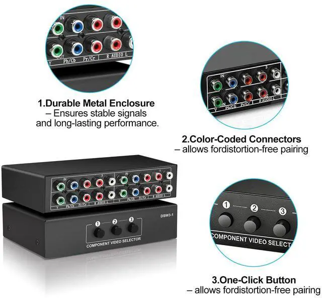 Alt view image 5 of 7 - 3 in 1 Out Component AV Video Switch Box 1080P, 3 Way Composite 3 RCA AV Splitter RGB Selector Video Audio Switch Converter, for Xbox 360 Wii PS3 PS1 PS1 SNES DVD/VCD/STB/TV/HDTV