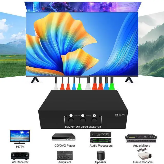 Alt view image 3 of 7 - 3 in 1 Out Component AV Video Switch Box 1080P, 3 Way Composite 3 RCA AV Splitter RGB Selector Video Audio Switch Converter, for Xbox 360 Wii PS3 PS1 PS1 SNES DVD/VCD/STB/TV/HDTV