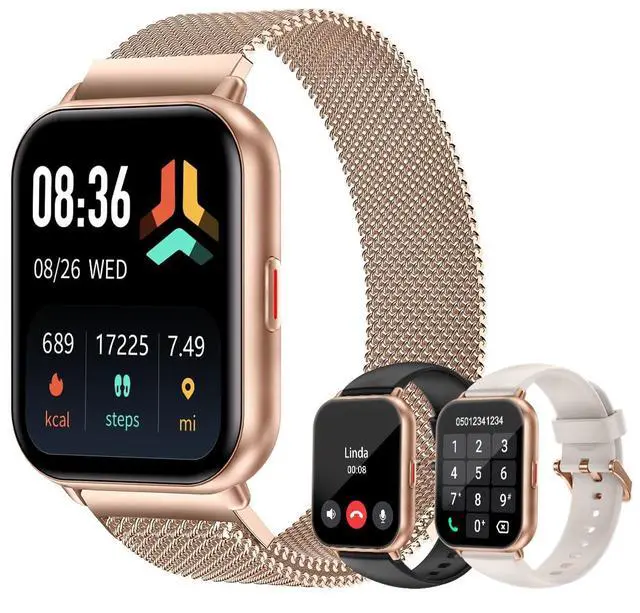Main image of Smart Watches for Women Men (Answer/Make Calls, 3 Bands), 1.85" Fitness Tracker Watch for iPhone/Android Phones with Heart Rate Monitor Sleep/Steps Tracker 100+ Sports Pedometer Waterproof Gold