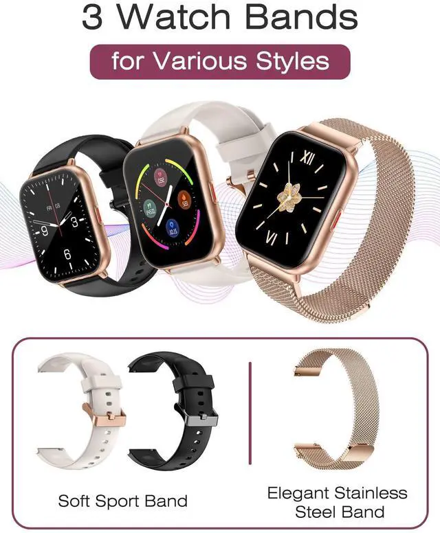 Alt view image 2 of 7 - Smart Watches for Women Men (Answer/Make Calls, 3 Bands), 1.85" Fitness Tracker Watch for iPhone/Android Phones with Heart Rate Monitor Sleep/Steps Tracker 100+ Sports Pedometer Waterproof Gold