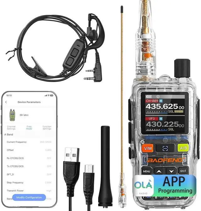Main image of UV5R Mini Transparent Two-Way Radio,Dual Band Ham Radio,5W High Power,App Programming,USB C Charging,999 Channels,NOAA Weather,with Earpiece & Transparent Antenna (1 Pack)