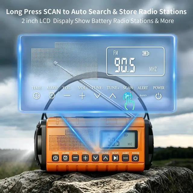 Alt view image 2 of 6 - 10000mAh/37000mWh Emergency Radio-Weather Radio Portable AM FM Auto Scan with Solar Panel/Hand Crank/AC Input Rechargeable Battery with Flashlight Reading Lamp SOS Siren for Indoor/Outdoor Emergency