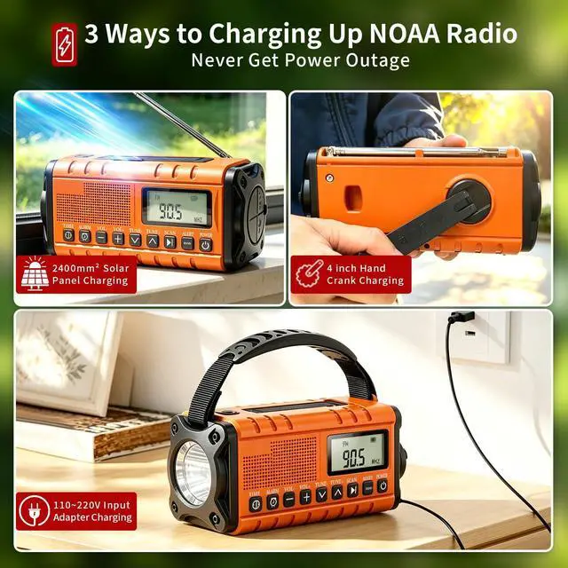Alt view image 4 of 6 - 10000mAh/37000mWh Emergency Radio-Weather Radio Portable AM FM Auto Scan with Solar Panel/Hand Crank/AC Input Rechargeable Battery with Flashlight Reading Lamp SOS Siren for Indoor/Outdoor Emergency