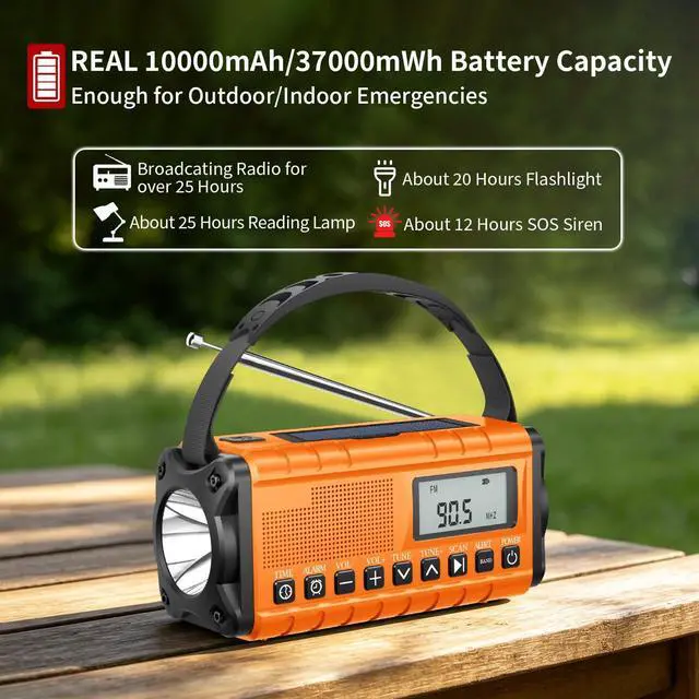 Alt view image 5 of 6 - 10000mAh/37000mWh Emergency Radio-Weather Radio Portable AM FM Auto Scan with Solar Panel/Hand Crank/AC Input Rechargeable Battery with Flashlight Reading Lamp SOS Siren for Indoor/Outdoor Emergency