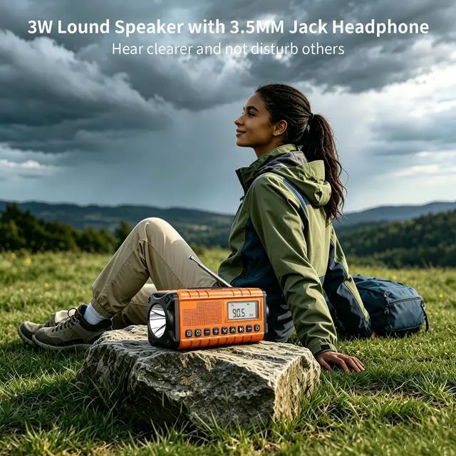 Alt view image 6 of 6 - 10000mAh/37000mWh Emergency Radio-Weather Radio Portable AM FM Auto Scan with Solar Panel/Hand Crank/AC Input Rechargeable Battery with Flashlight Reading Lamp SOS Siren for Indoor/Outdoor Emergency