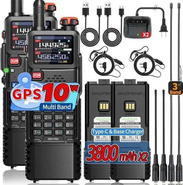 Main image of Ham Radio Handheld Long Range 5RH PRO GPS 10W Walkie Talkies NOAA Weather Receiver Two Way Radio Rechargeable 3800mAh Battery with USB-C Charger Tri Band Antenna for Hunting Gear,2 Pack
