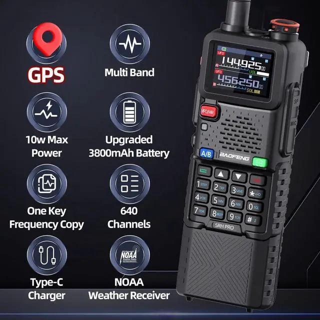 Alt view image 2 of 7 - Ham Radio Handheld Long Range 5RH PRO GPS 10W Walkie Talkies NOAA Weather Receiver Two Way Radio Rechargeable 3800mAh Battery with USB-C Charger Tri Band Antenna for Hunting Gear,2 Pack