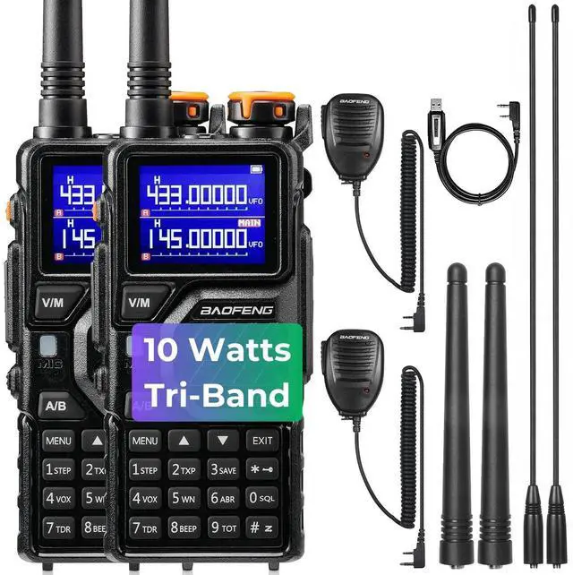 Main image of K5PLUS Tri-Band Ham Radio Long Range, UHF VHF 1.25M Handheld 10W Tri-Power Two Way Radio with Airband, NOAA, 2500mAh Battery, Speaker Mic, 999CH, Frequency Copy, Scramble (2 Packs)