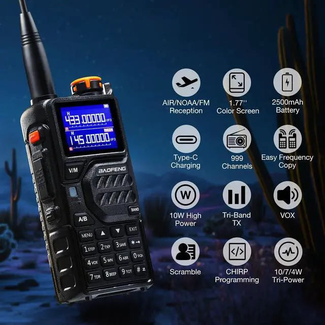 Alt view image 2 of 7 - K5PLUS Tri-Band Ham Radio Long Range, UHF VHF 1.25M Handheld 10W Tri-Power Two Way Radio with Airband, NOAA, 2500mAh Battery, Speaker Mic, 999CH, Frequency Copy, Scramble (2 Packs)