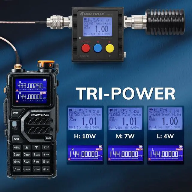 Alt view image 4 of 7 - K5PLUS Tri-Band Ham Radio Long Range, UHF VHF 1.25M Handheld 10W Tri-Power Two Way Radio with Airband, NOAA, 2500mAh Battery, Speaker Mic, 999CH, Frequency Copy, Scramble (2 Packs)