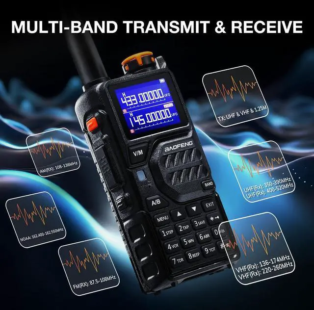Alt view image 3 of 7 - K5PLUS Tri-Band Ham Radio Long Range, UHF VHF 1.25M Handheld 10W Tri-Power Two Way Radio with Airband, NOAA, 2500mAh Battery, Speaker Mic, 999CH, Frequency Copy, Scramble (2 Packs)
