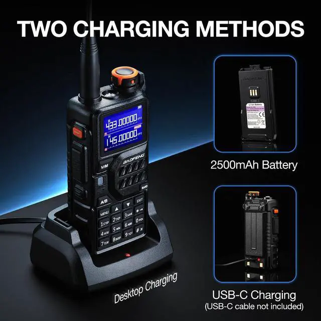 Alt view image 6 of 7 - K5PLUS Tri-Band Ham Radio Long Range, UHF VHF 1.25M Handheld 10W Tri-Power Two Way Radio with Airband, NOAA, 2500mAh Battery, Speaker Mic, 999CH, Frequency Copy, Scramble (2 Packs)