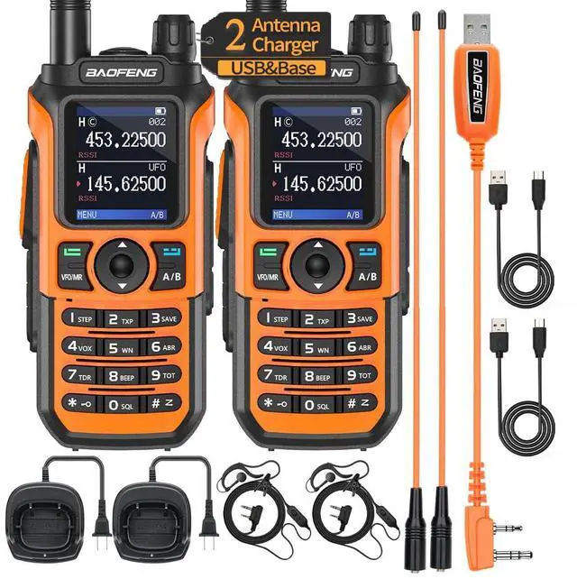 Main image of 2 Pack UV-21R (Upgrade of UV-5R) Ham Radio Handheld Long Range Walkie Talkies UHF VHF Dual Band 2-Way Radio Full Kit with Type-C Cable,High Gain Orange Antenna and Programming Cable
