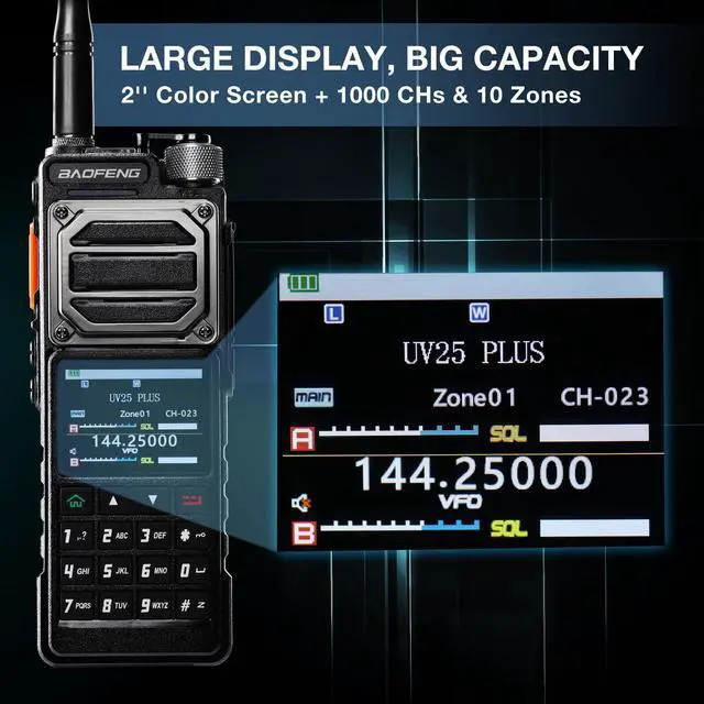 Alt view image 7 of 7 - UV-25 PLUS 10W GPS Ham Radio Handheld, Long Range Two Way Radio AM FM NOAA Receiver with 5200mAh Battery USB-C Port, 2" Screen, 1000CH, Fall Detection Alert, Tactical Walkie Talkie for Outdoor