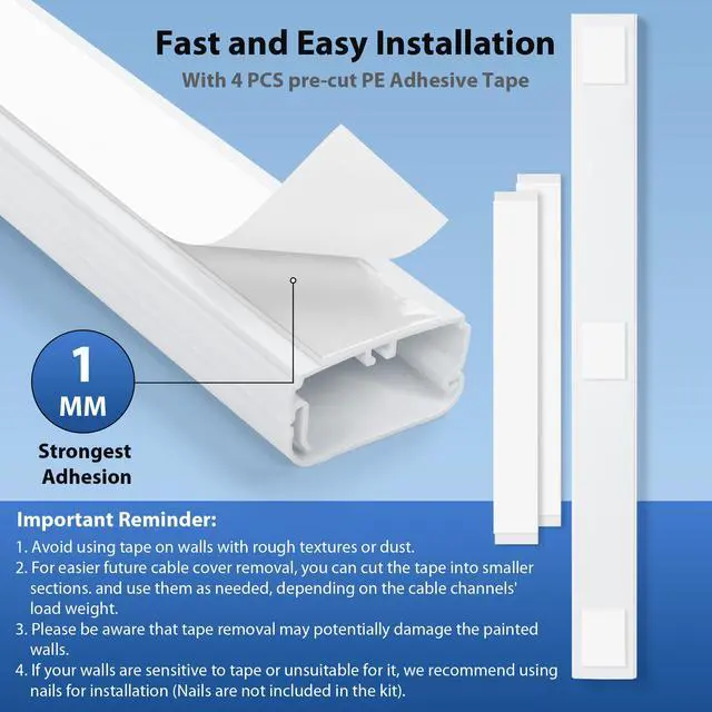 Alt view image 6 of 7 - Cord Cover Wall 32in, TV Cord Hider for Wall Mounted TV, Large Cable Hider Kit for 3-6 Cords, Wire Management Raceway, White Wire Hider Concealer, 2 x L15.8in, W1.5in H0.75in
