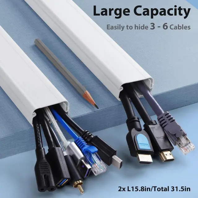 Alt view image 2 of 7 - Cord Cover Wall 32in, TV Cord Hider for Wall Mounted TV, Large Cable Hider Kit for 3-6 Cords, Wire Management Raceway, White Wire Hider Concealer, 2 x L15.8in, W1.5in H0.75in