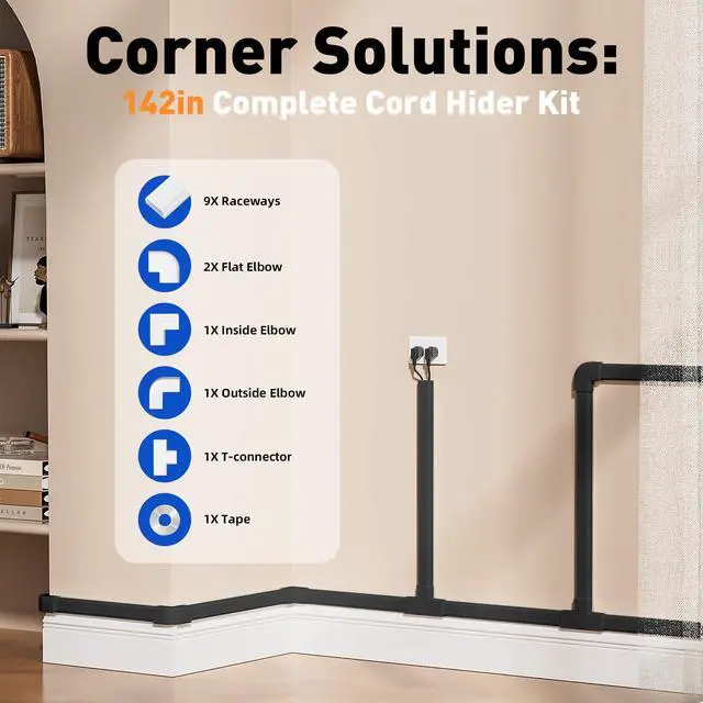 Alt view image 3 of 7 - Cord Hider, 142in Cable Hider, Cord Covers for 2-3 Wires on Wall, Wire Covers for Cords, Wire Hiders for TV on Wall, Easier Setup Cable Cover Cable Management, W0.94 H0.47in, Black