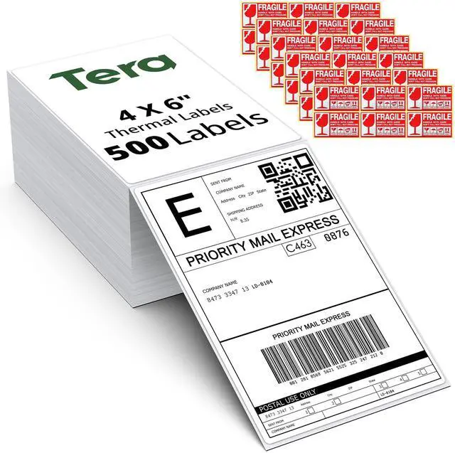 Main image of Direct Thermal Labels 4x6: 500 Fanfold Shipping Labels with Perforated Strong Adhesive Printer Paper for Thermal Printer Commercial Grade with 48 Fragile Sticker Labels
