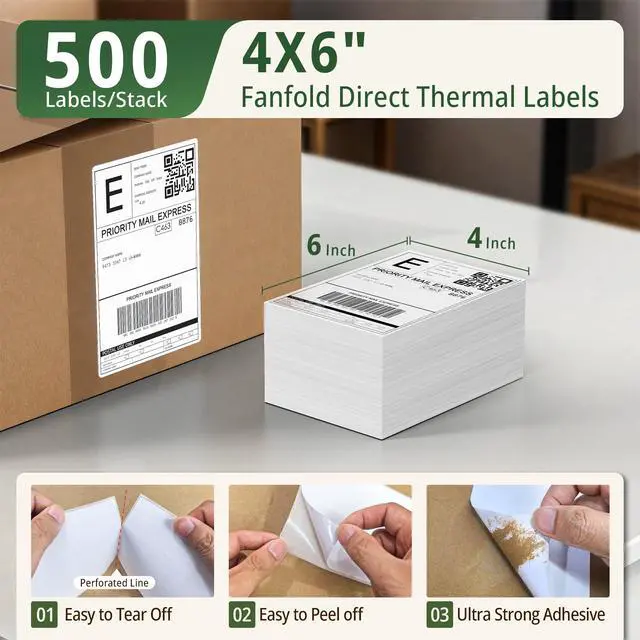 Alt view image 2 of 7 - Direct Thermal Labels 4x6: 500 Fanfold Shipping Labels with Perforated Strong Adhesive Printer Paper for Thermal Printer Commercial Grade with 48 Fragile Sticker Labels