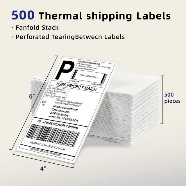 Alt view image 2 of 7 - 4" x 6" Thermal Labels, 1000 Labels Fanfold, Strong Adhesive, Clear Print, Compatible with Most Direct Thermal Printers