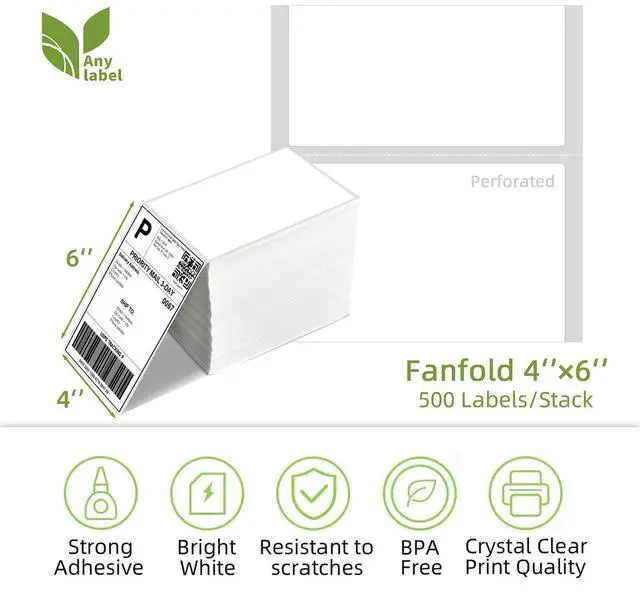 Alt view image 2 of 5 - 4" x 6" Fanfold Direct Thermal Labels for White Mailing Address Postage Shipping Commercial Grade Compatible with Zebra & Rollo & MUNBYN Label Printer (4 Stacks, 2000 Labels)