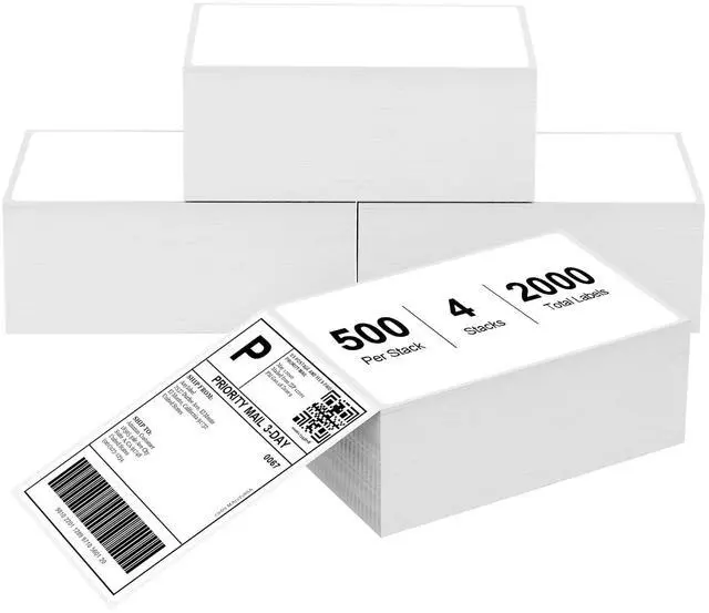 Main image of 4" x 6" Fanfold Direct Thermal Labels for White Mailing Address Postage Shipping Commercial Grade Compatible with Zebra & Rollo & MUNBYN Label Printer (4 Stacks, 2000 Labels)