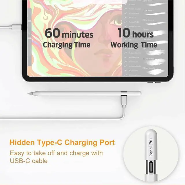Alt view image 4 of 7 - Magnetic Wireless Charging Stylus Pencil for iPad 2024-2025, Tilt Function&Palm Rejection, Stylus Pencil Pro for 2018-2025, iPad 6/7/8/9/10/11th, Mini 5/6/7th, Pro 11"/12.9"/M4, Air 3/4/5/M2/M3, White