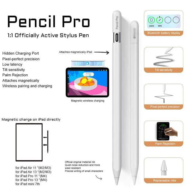 Alt view image 3 of 7 - Magnetic Wireless Charging Stylus Pencil for iPad 2024-2025, Tilt Function&Palm Rejection, Stylus Pencil Pro for 2018-2025, iPad 6/7/8/9/10/11th, Mini 5/6/7th, Pro 11"/12.9"/M4, Air 3/4/5/M2/M3, White