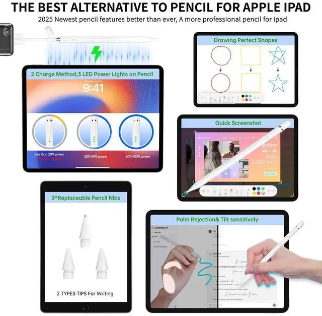 Alt view image 6 of 7 - Pencil for ipad Apple Pencil 1st 2nd Generation Pro USB C Alternative,10 Mins Fast Charge Stylus Pen for iPad 6 7 8 9 11 10th Generation, iPad Mini 7 6 5th, iPad Air 3 4 5th M2 M3, iPad Pro 13"/11 M4
