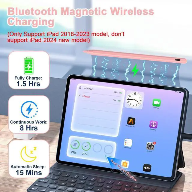 Alt view image 3 of 7 - Stylus Pen for iPad, Magnetic Wireless Charging & USB C Fast Charge Pencil Compatible with Apple iPad (A16)11/10/9/8/7/6th Generation, Pro 13"/12.9"/11", Air M3/M2/5/4/3, Mini (A17 Pro)7/6/5 Gen Pink