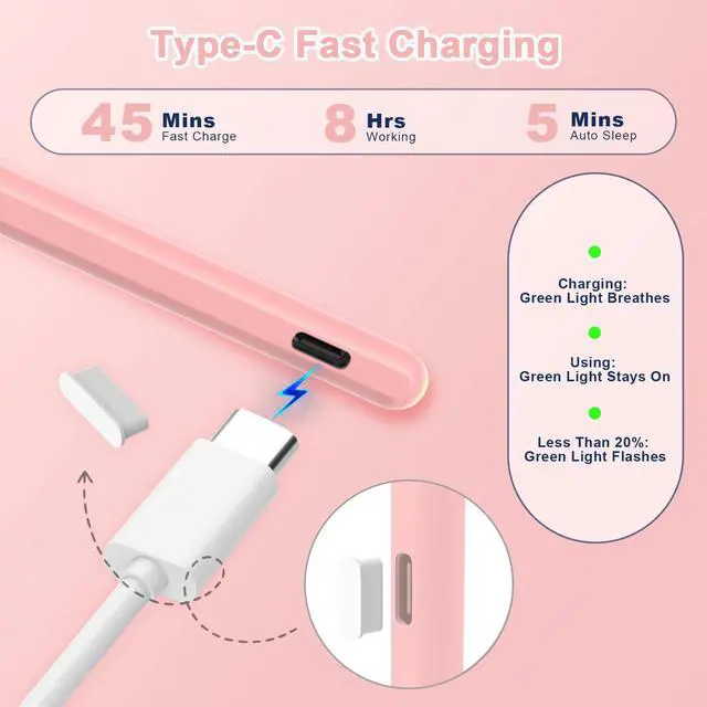 Alt view image 4 of 7 - Stylus Pen for iPad, Magnetic Wireless Charging & USB C Fast Charge Pencil Compatible with Apple iPad (A16)11/10/9/8/7/6th Generation, Pro 13"/12.9"/11", Air M3/M2/5/4/3, Mini (A17 Pro)7/6/5 Gen Pink