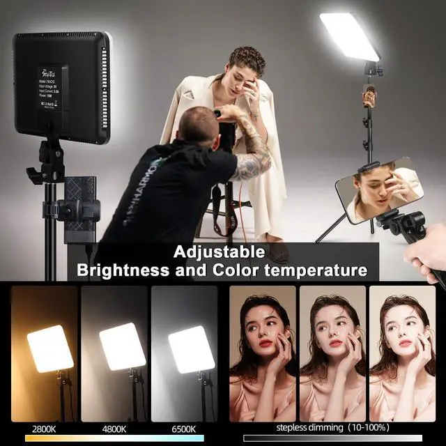 Alt view image 4 of 7 - 12" LED Video Light Kit,2-Pack Photography Lighting Kit,73" Height 2800-6500K Dimmable Studio Lights with Tripod Stand and Phone Holder, Streaming Lighting for Video Recording,Podcast,YouTube