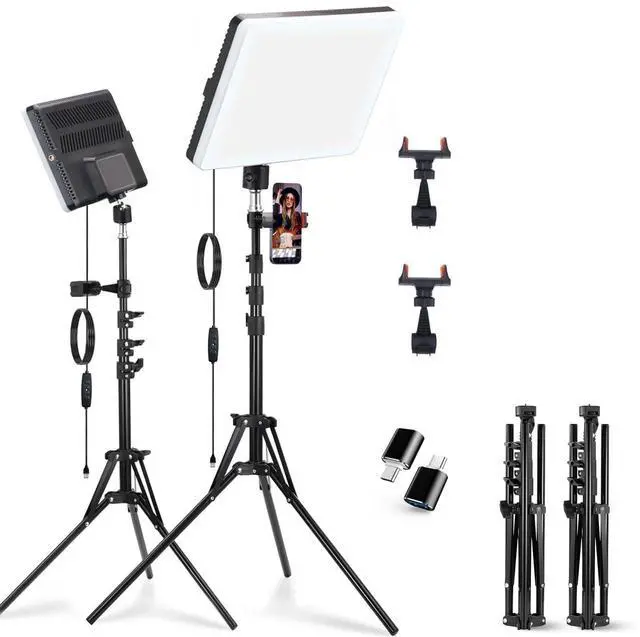 Main image of 2-Pack LED Video Light Panel, 2700K-7500K Bi-Color Dimmable Photography Lighting Kit with 60" Tripod Stands & Phone Holders, CRI 95+ Studio Lights for Streaming, YouTube, TikTok, Zoom