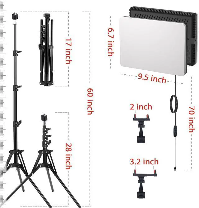 Alt view image 7 of 7 - 2-Pack LED Video Light Panel, 2700K-7500K Bi-Color Dimmable Photography Lighting Kit with 60" Tripod Stands & Phone Holders, CRI 95+ Studio Lights for Streaming, YouTube, TikTok, Zoom
