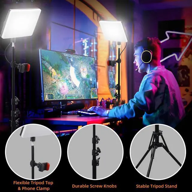 Alt view image 3 of 7 - 2-Pack LED Video Light Panel, 2700K-7500K Bi-Color Dimmable Photography Lighting Kit with 60" Tripod Stands & Phone Holders, CRI 95+ Studio Lights for Streaming, YouTube, TikTok, Zoom