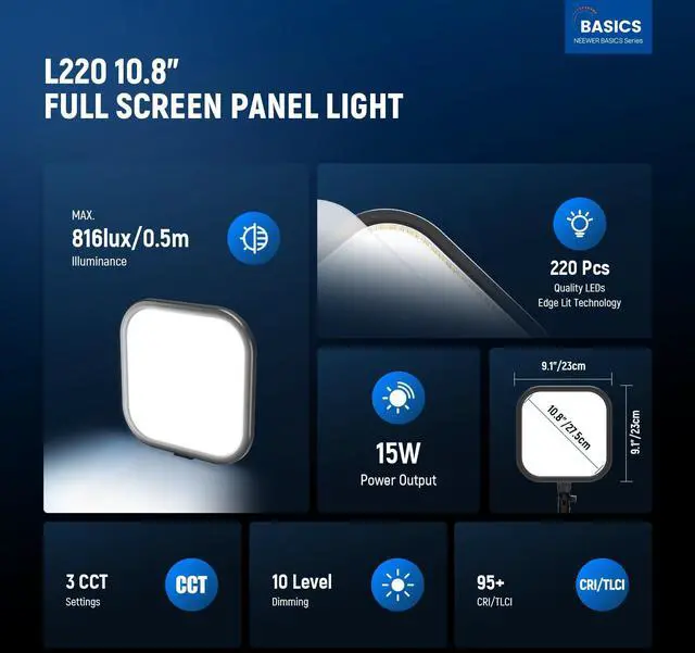 Alt view image 2 of 7 - Basics 2 Pack 15W 10.8" LED Video Light Panel Lighting Kit with 63" Tripod Stands, Edge Lit Bi Color Dimmable Studio Light 816lux CRI95+ for Photography Filming Recording Streaming, L220