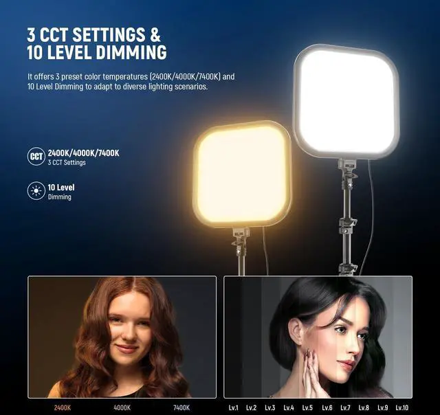 Alt view image 3 of 7 - Basics 2 Pack 15W 10.8" LED Video Light Panel Lighting Kit with 63" Tripod Stands, Edge Lit Bi Color Dimmable Studio Light 816lux CRI95+ for Photography Filming Recording Streaming, L220