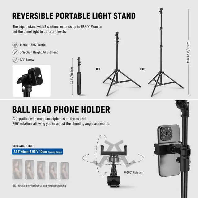 Alt view image 5 of 7 - Basics 2 Pack 15W 10.8" LED Video Light Panel Lighting Kit with 63" Tripod Stands, Edge Lit Bi Color Dimmable Studio Light 816lux CRI95+ for Photography Filming Recording Streaming, L220