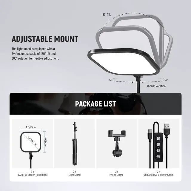 Alt view image 7 of 7 - Basics 2 Pack 15W 10.8" LED Video Light Panel Lighting Kit with 63" Tripod Stands, Edge Lit Bi Color Dimmable Studio Light 816lux CRI95+ for Photography Filming Recording Streaming, L220