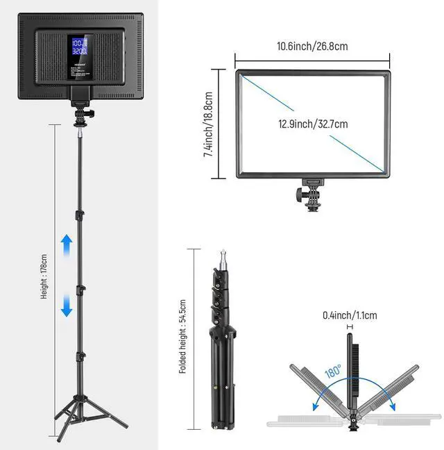 Alt view image 5 of 7 - 13" LED Video Light Panel, Studio Lighting Kit with Tripod Stand, 20W Bi Color Dimmable Photo Key Light for Streaming Photography Podcast Recording, CRI97+ 2400Lx/0.5m, 29.6Wh Battery, NL-192AI