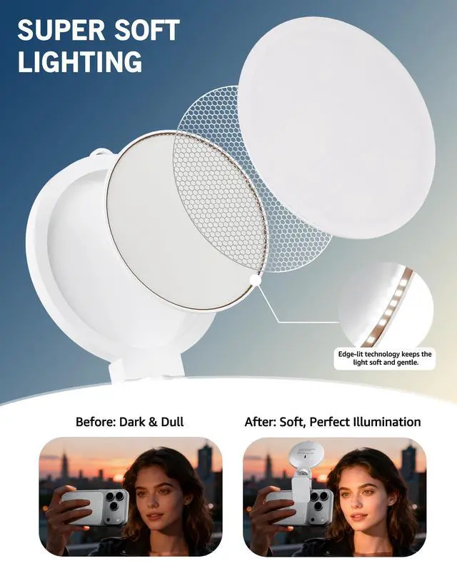 Alt view image 2 of 7 - 3 Color Soft Selfie Light Phone Light with Clip, Portable Edge-lit Ring Light, Rechargeable Video Conference Lighting for iPhone/Selfies/Makeup/Live Streaming/TikTok/Vlog/Zoom/Video Calls