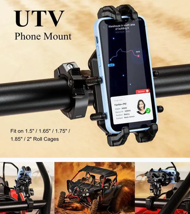 Alt view image 2 of 7 - Anti-Theft UTV Phone Mount Holder with Vibration Dampener & Secure Lock, Fit 1.5/1.65/1.75/1.85/2'' Roll Cage Bar, Heavy Duty, Adjustable Size, Big Phone Friendly for 5.4-7.2'' Cellphone