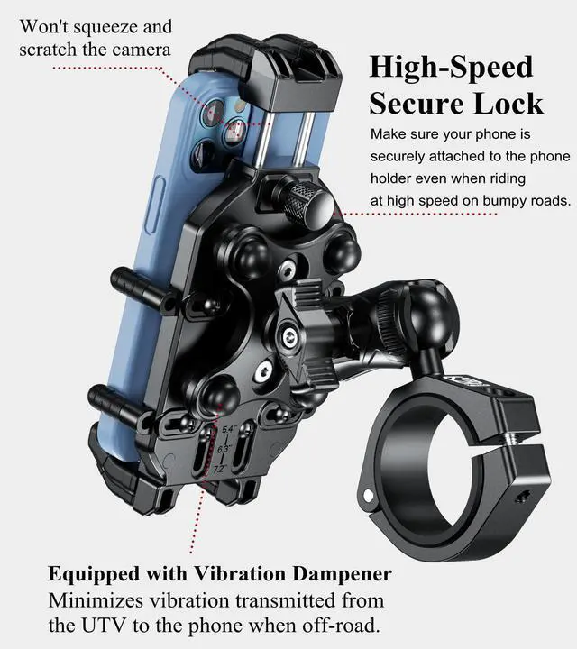 Alt view image 5 of 7 - Anti-Theft UTV Phone Mount Holder with Vibration Dampener & Secure Lock, Fit 1.5/1.65/1.75/1.85/2'' Roll Cage Bar, Heavy Duty, Adjustable Size, Big Phone Friendly for 5.4-7.2'' Cellphone