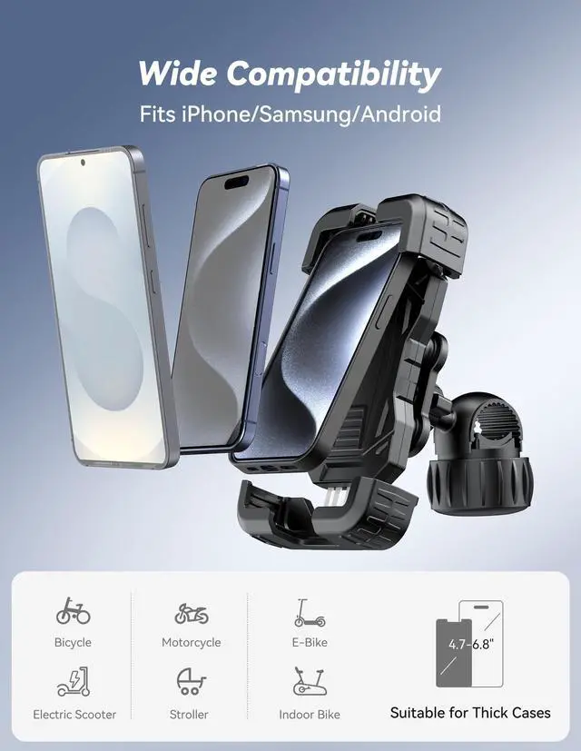 Alt view image 4 of 7 - Anti-Shake Motorcycle Phone Mount, Dual Vibration Dampener Bike Phone Holder for iPhone 17/16/15/14/13 Series & 4.76.8" Phones, Handlebar Cell Phone Holder for Motorcycle/Bicycle/Scooter