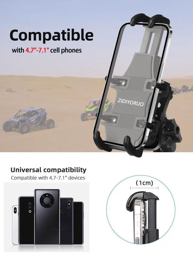 Alt view image 5 of 7 - Anti-Vibration UTV Phone Mount Heavy Duty, Full Protection SXS Phone Holder with Aluminum Bracket Fit for 1.75-2" Roll Cage, Adjustable UTV Cell Phone Holder Holds 4.7-7.1" Phones