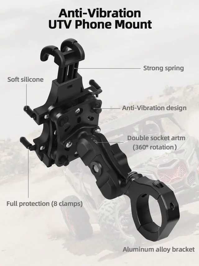 Alt view image 7 of 7 - Anti-Vibration UTV Phone Mount Heavy Duty, Full Protection SXS Phone Holder with Aluminum Bracket Fit for 1.75-2" Roll Cage, Adjustable UTV Cell Phone Holder Holds 4.7-7.1" Phones