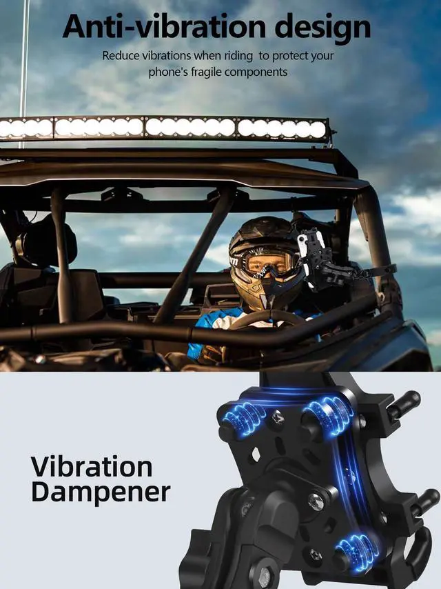 Alt view image 3 of 7 - Anti-Vibration UTV Phone Mount Heavy Duty, Full Protection SXS Phone Holder with Aluminum Bracket Fit for 1.75-2" Roll Cage, Adjustable UTV Cell Phone Holder Holds 4.7-7.1" Phones