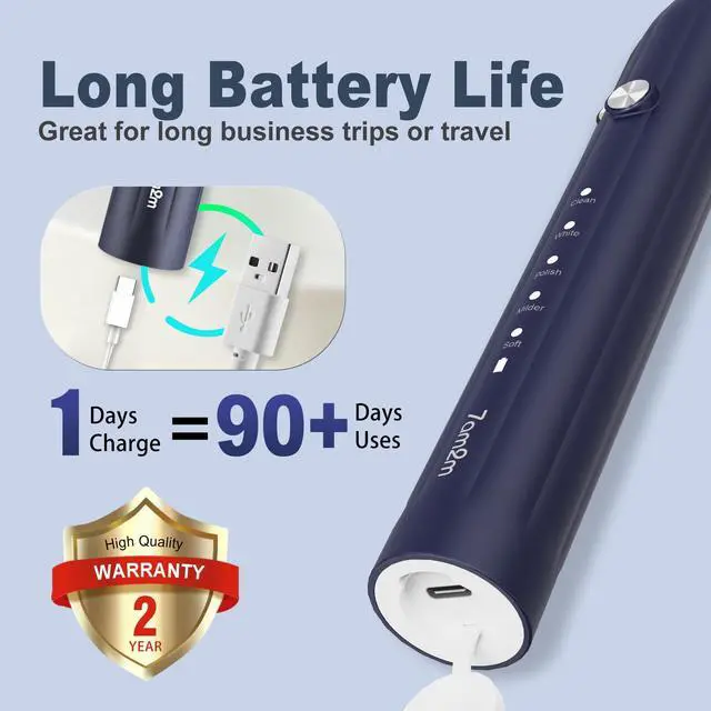 Alt view image 6 of 6 - Sonic Electric Toothbrush for Adults and Kids, with 8 Brush Heads and Travel Case,5 Modes with 2 Minutes Built in Smart Timer, One Charge Use for 90 Days, Rechargeable Toothbrushes(Navy Blue)